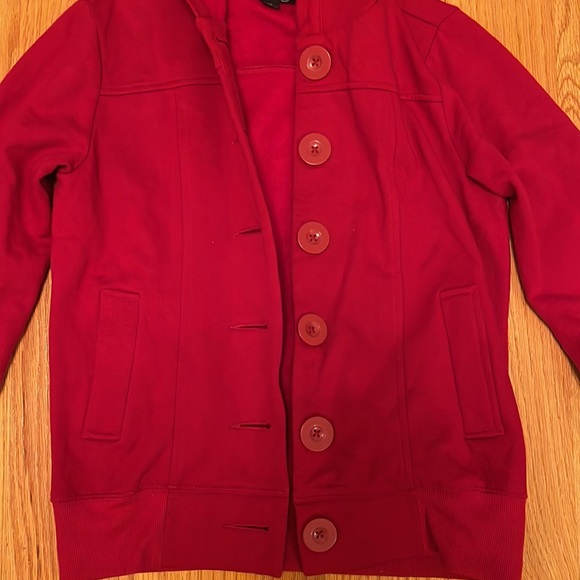 Women Red Forever21 Jacket Coat with Hood and Buttons - Great for Fall, Winter - Picture 2 of 9